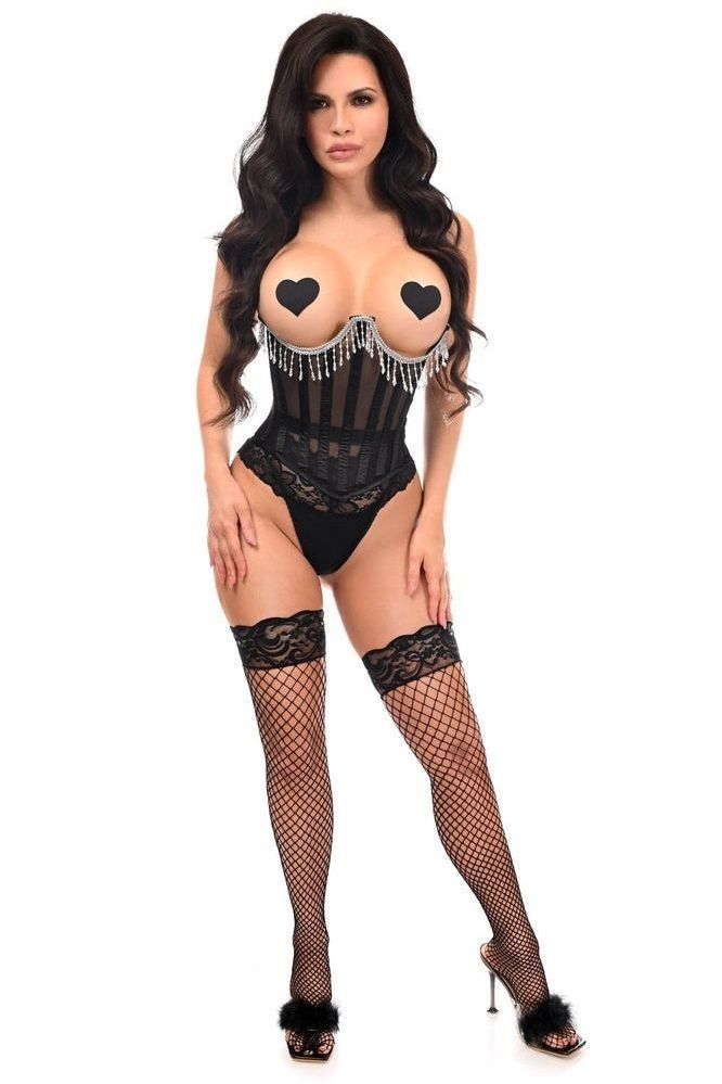 Top Drawer Steel Boned Sheer Underwire Waist Cincher w/Fringe