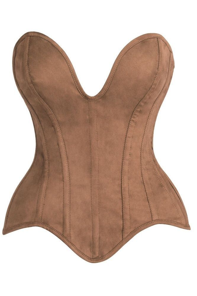 Top Drawer Steel Boned Tan Suede Deep Plunge Overbust Corset Top