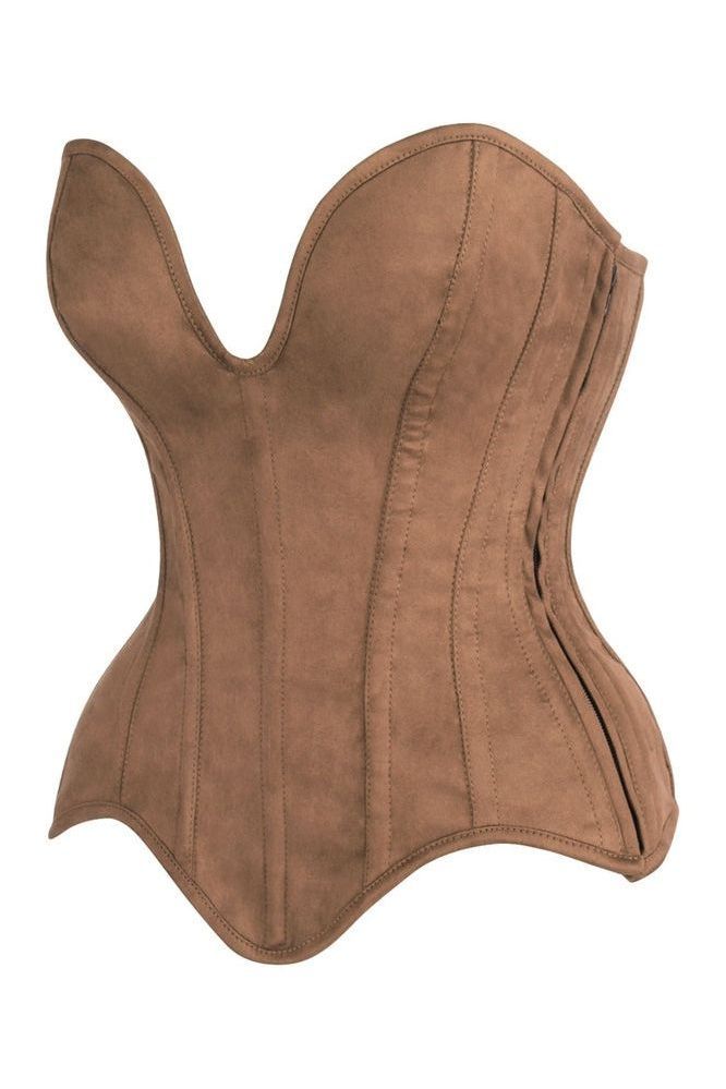 Top Drawer Steel Boned Tan Suede Deep Plunge Overbust Corset Top