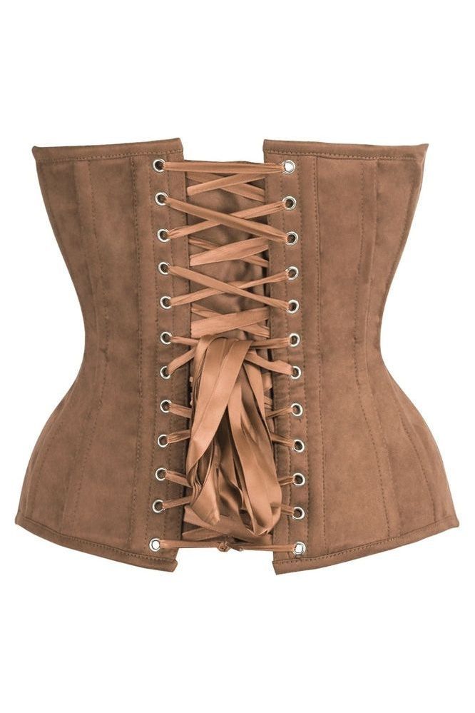 Top Drawer Steel Boned Tan Suede Deep Plunge Overbust Corset Top