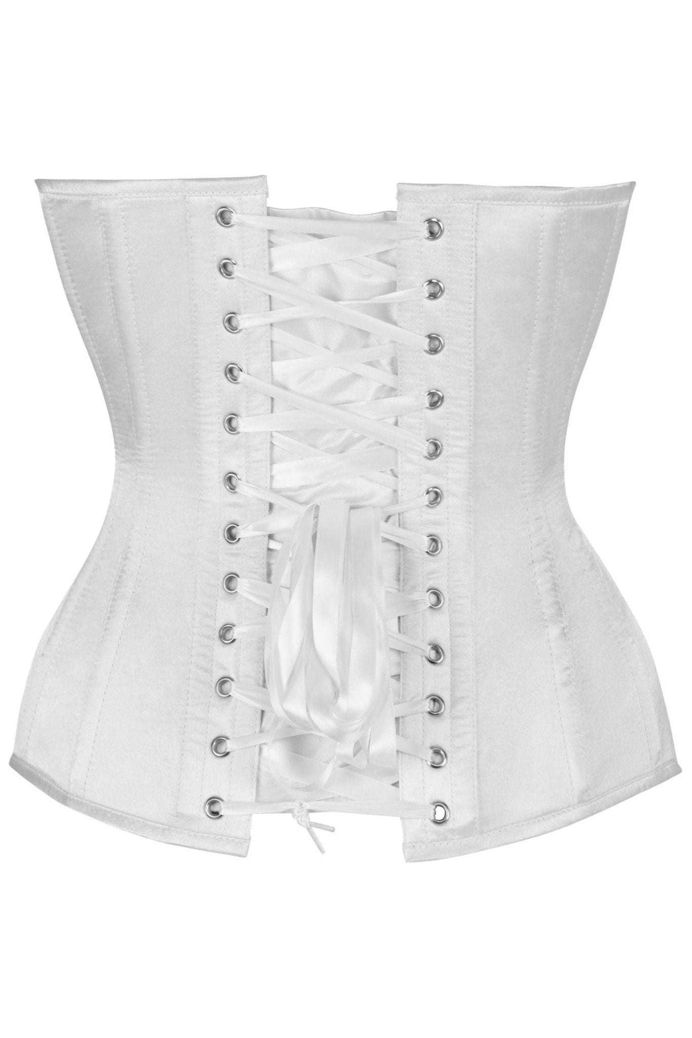 Top Drawer Steel Boned White Satin Plunge Neckline Overbust Corset