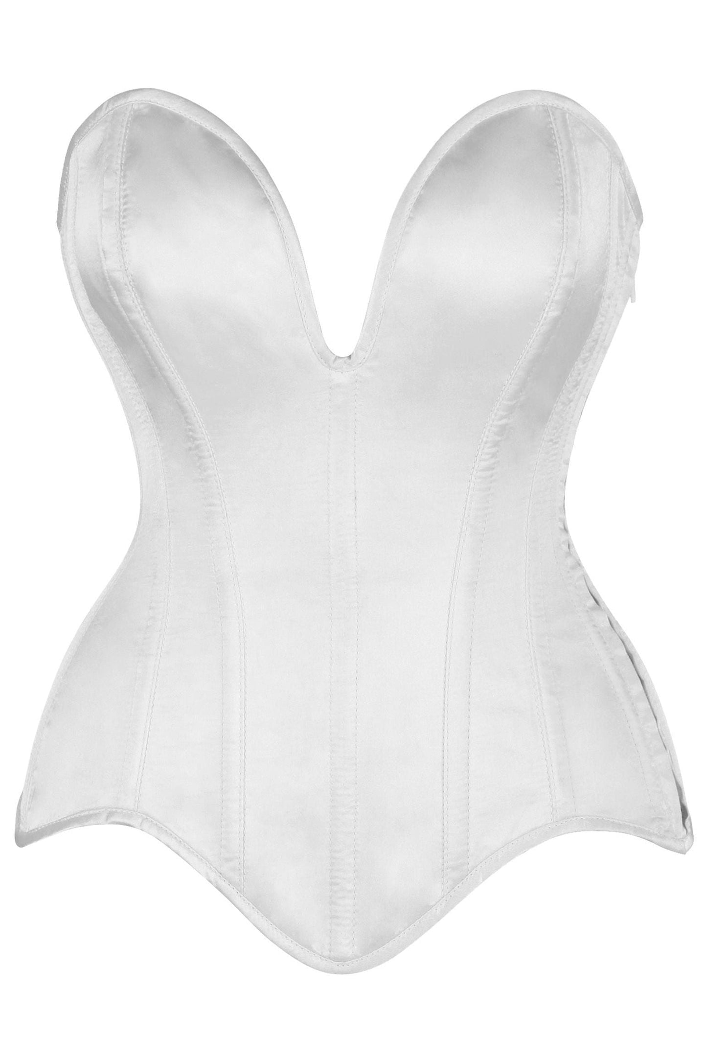 Top Drawer Steel Boned White Satin Plunge Neckline Overbust Corset