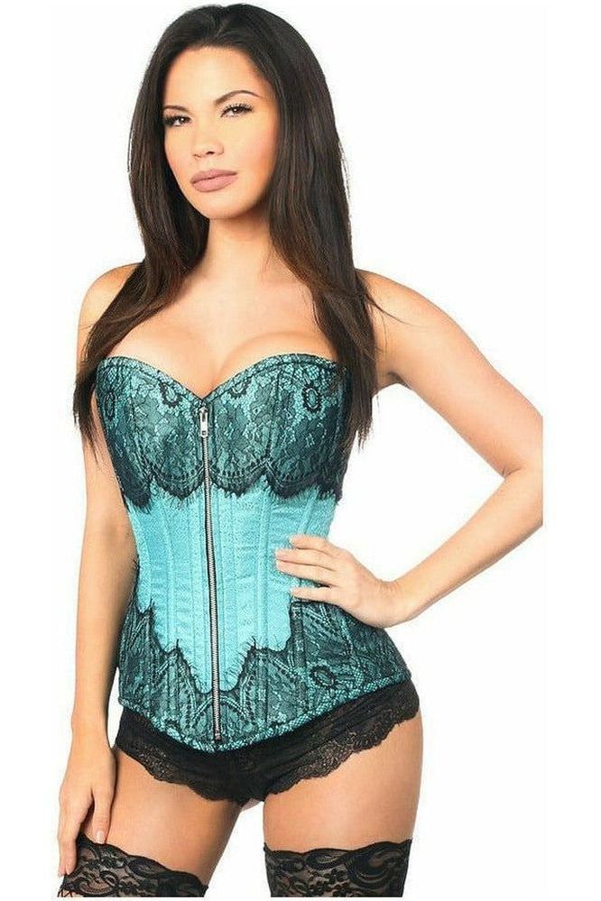 Top Drawer Teal Brocade Steel Boned Corset w/Black Eyelash Lace