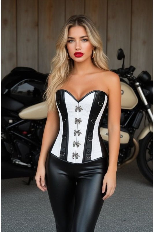 Top Drawer White Brocade & Faux Leather Steel Boned Corset