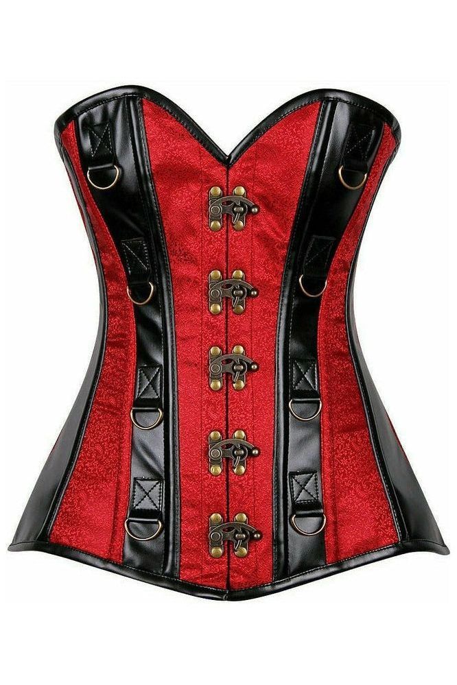 Top Drawer Wine Brocade & Faux Leather Steel Boned Corset