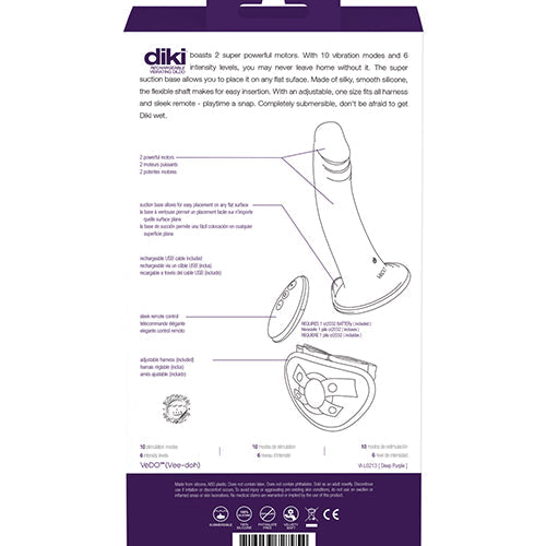 VEDO DIKI VIBRATING DILDO W/ HARNESS DEEP PURPLE - VIL0213