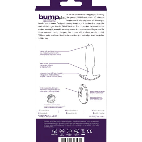 VEDO BUMP PLUS RECHARGEABLE REMOTE CONTROL ANAL VIBE DEEP PURPLE - VIP1713