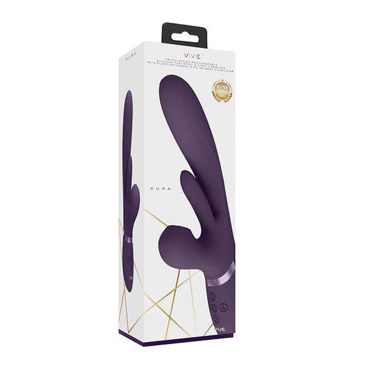 VIVE KURA Rechargeable Thrusting Silicone G-Spot Vibrator with Flapping Tongue and Pulse Wave Stimulator Purple-Pinkfoxxx
