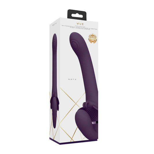 VIVE SATU RECHARGEABLE TRIPLE MOTOR PULSE-WAVE VIBRATING SILICONE STRAPLESS STRAP-ON-Pinkfoxxx