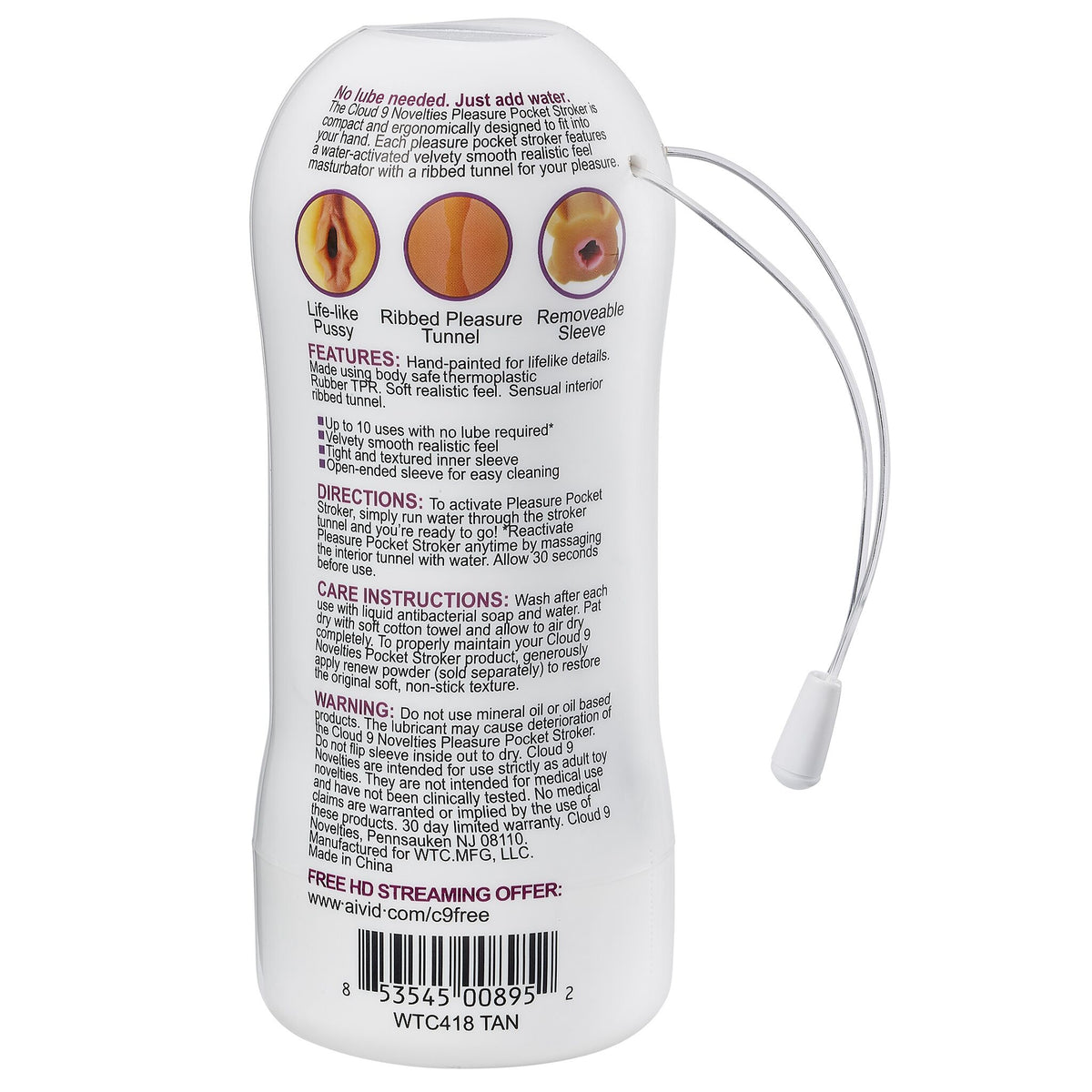 CLOUD 9 PLEASURE PUSSY POCKET STROKER WATER ACTIVATED TAN - WTC418