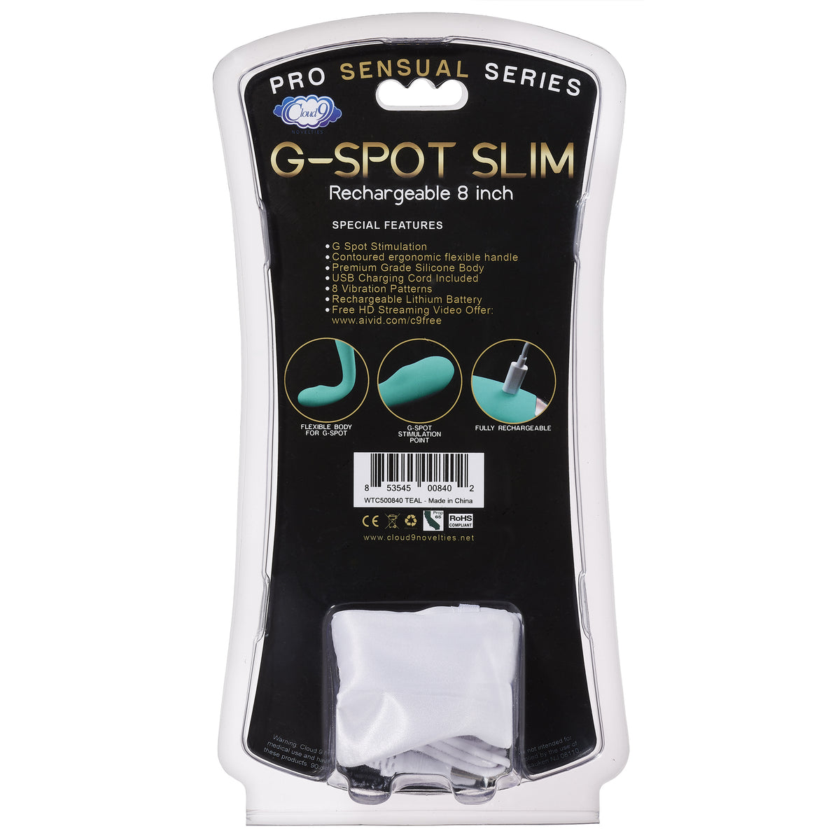 CLOUD 9 RECHARGEABLE G-SPOT SLIM 8IN SINGLE MOTOR TEAL - WTC500840