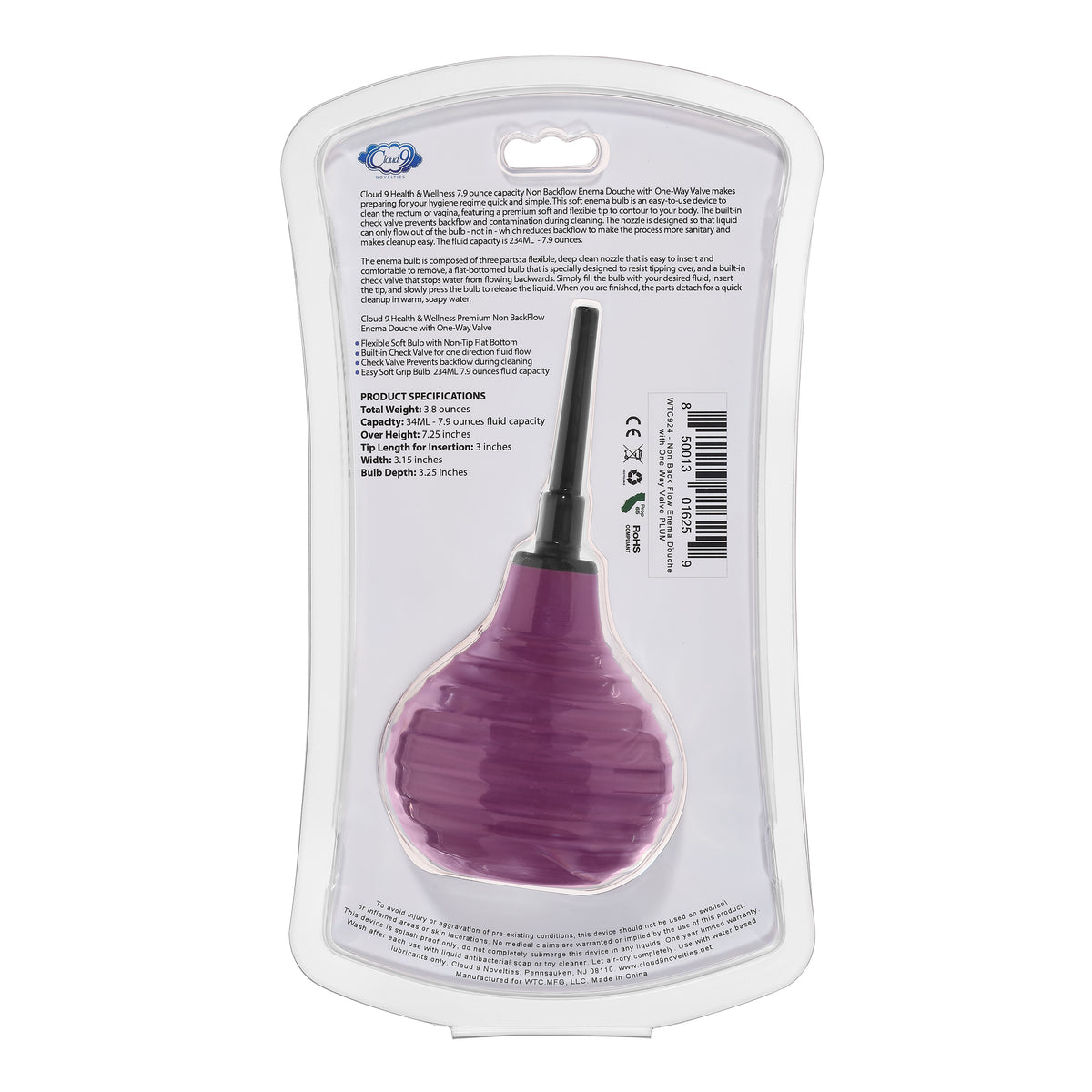 CLOUD 9 HEALTH & WELLNESS PREMIUM SILICONE NON-BACKFLOW ENEMA DOUCHE - WTC924