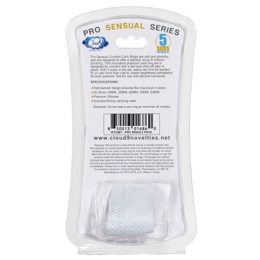 CLOUD 9 COMFORT COCK RINGS W/FLAT BACK 5-PK PRO SENSUAL LINE - WTC961