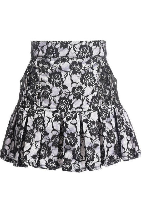 White Satin w/Black Lace Overlay Lace-Up Skirt