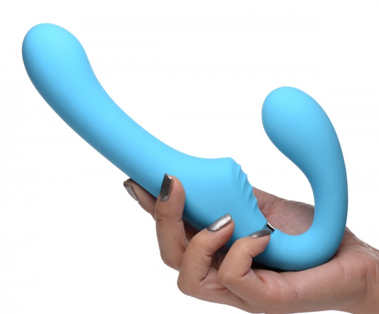 STRAP U MIGHTY RIDER 10X VIBRATING STRAPLESS STRAP-ON BLUE - XRAG557BLU