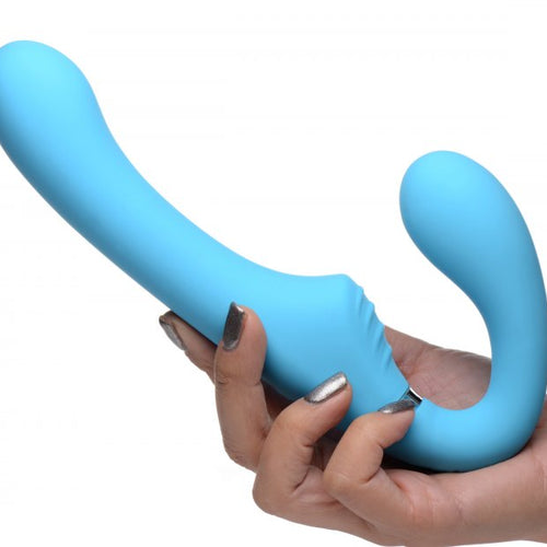 STRAP U MIGHTY RIDER 10X VIBRATING STRAPLESS STRAP-ON BLUE - XRAG557BLU