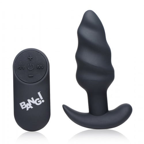 BANG! 21X VIBRATING SILICONE SWIRL BUTT PLUG W/ REMOTE BLACK - XRAG564BLK