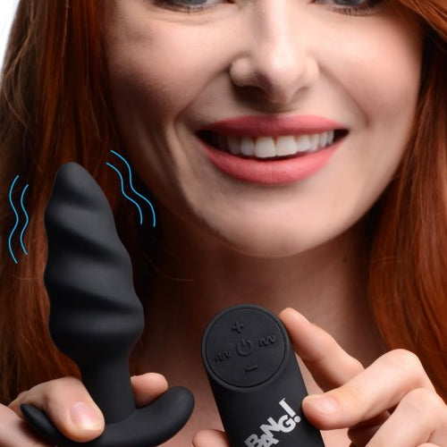 BANG! 21X VIBRATING SILICONE SWIRL BUTT PLUG W/ REMOTE BLACK - XRAG564BLK