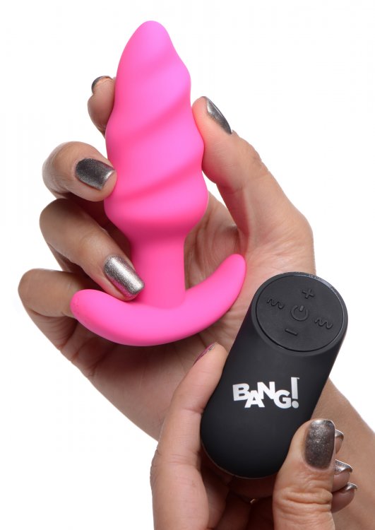 BANG! 21X VIBRATING SILICONE SWIRL BUTT PLUG W/ REMOTE PINK - XRAG564PNK