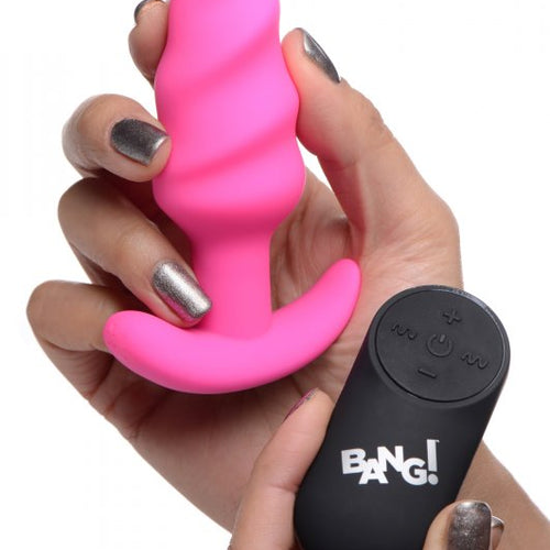 BANG! 21X VIBRATING SILICONE SWIRL BUTT PLUG W/ REMOTE PINK - XRAG564PNK