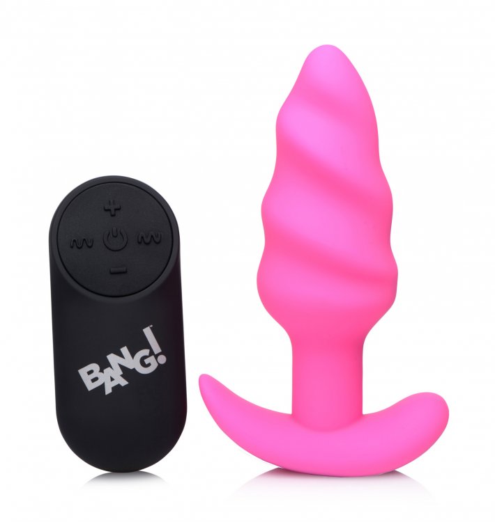 BANG! 21X VIBRATING SILICONE SWIRL BUTT PLUG W/ REMOTE PINK - XRAG564PNK