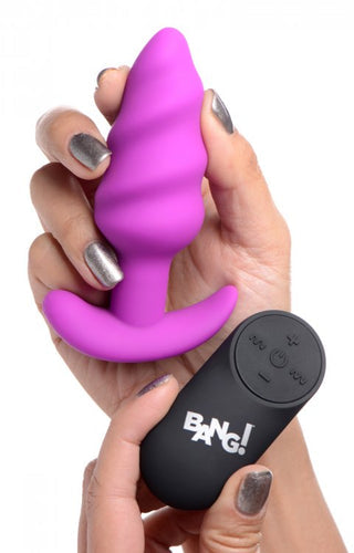 BANG! 21X VIBRATING SILICONE SWIRL BUTT PLUG W/ REMOTE PURPLE - XRAG564PUR