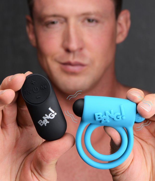 BANG! SILICONE COCK RING & BULLET W/ REMOTE BLUE - XRAG572BLU