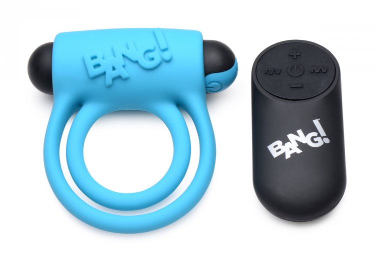 BANG! SILICONE COCK RING & BULLET W/ REMOTE BLUE - XRAG572BLU