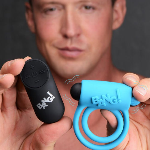 BANG! SILICONE COCK RING & BULLET W/ REMOTE BLUE - XRAG572BLU