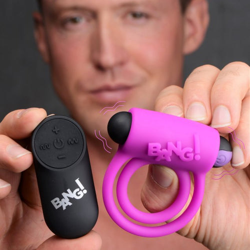 BANG! SILICONE COCK RING & BULLET W/ REMOTE PURPLE - XRAG572PUR