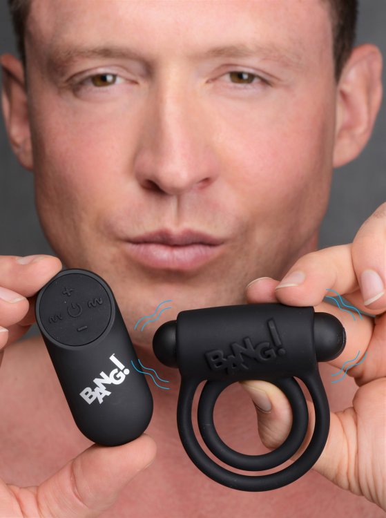 BANG! SILICONE COCK RING & BULLET W/ REMOTE BLACK - XRAG572BLK