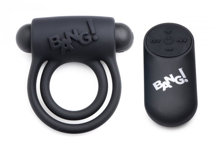 BANG! SILICONE COCK RING & BULLET W/ REMOTE BLACK - XRAG572BLK