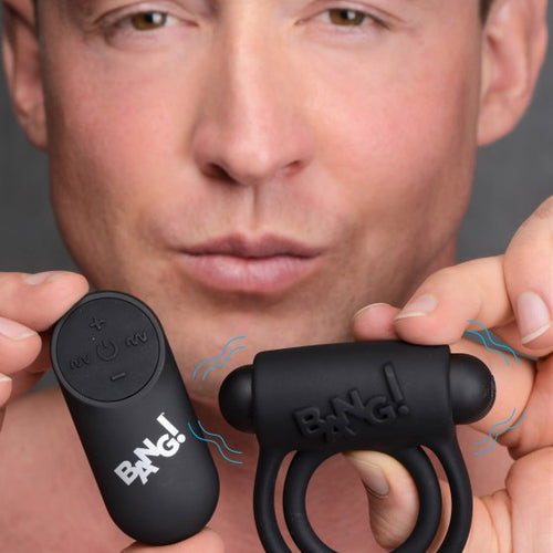 BANG! SILICONE COCK RING & BULLET W/ REMOTE BLACK - XRAG572BLK
