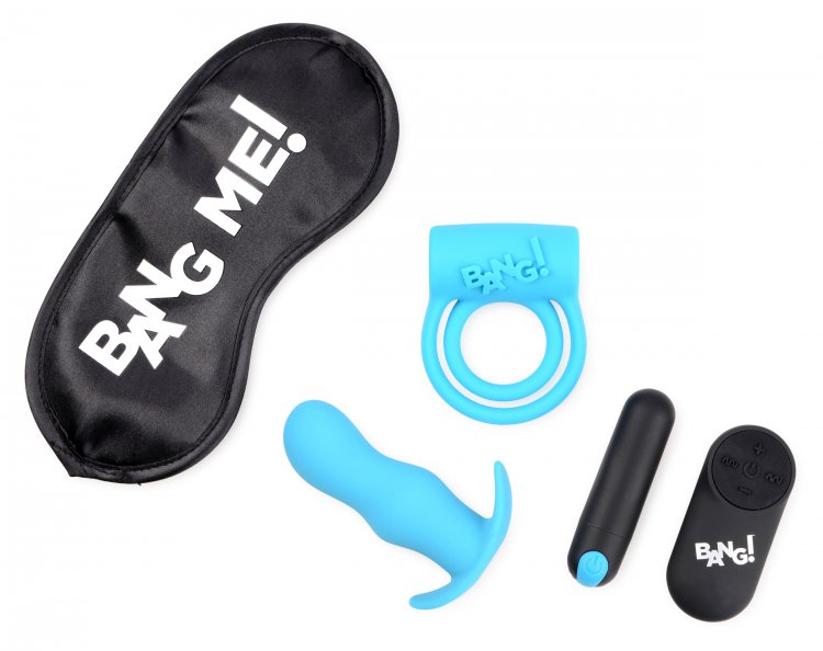 BANG! DUO BLAST C RING BUTT PLUG BULLET & BLINDFOLD KIT BLACK - XRAG578