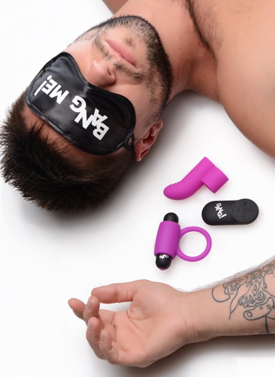 BANG! COUPLES LOVE RING FINGER VIBE BULLET & BLINDFOLD KIT PURPLE - XRAG580