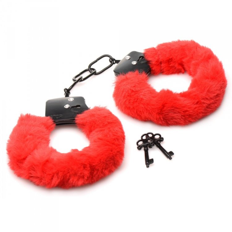 MASTER SERIES CUFFED IN FUR HANDCUFFS RED - XRAG937RED