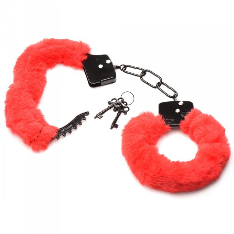 MASTER SERIES CUFFED IN FUR HANDCUFFS RED - XRAG937RED