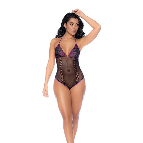 Romantic fishnet bodysuit with lace cups, contrasting trim details, and a halter