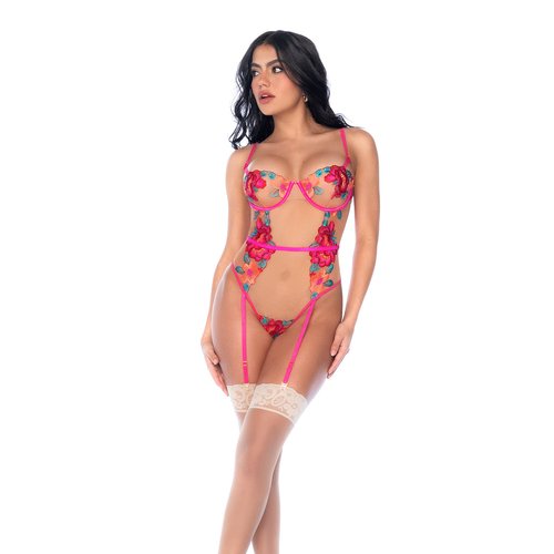 This bodysuit hugs your curves flawlessly, crafted from vibrant floral embroidered mesh. I