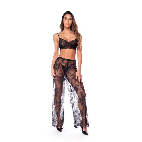 Three-piece set featuring a lace bra, matching thong, and sheer lace pants. Effo