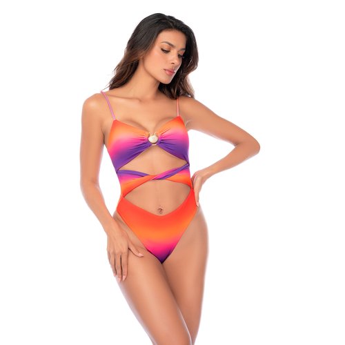One-piece swimsuit featuring a strappy cutout front with a wraparound midsection, adjustab
