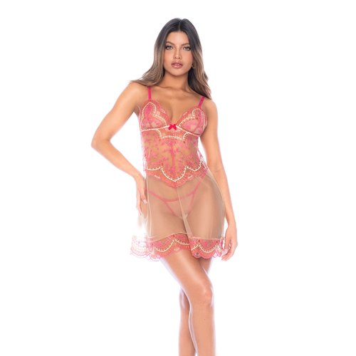 A romantic babydoll featured in an embroidered sheer mesh with warm, neutral contrasts. It