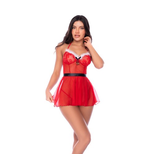 Sheer babydoll with festive trim, halter neckline, and waist tie, paired with a matching t