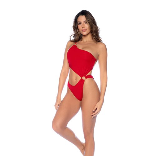 This one-shoulder one-piece swimsuit features a striking cut-out design through the center