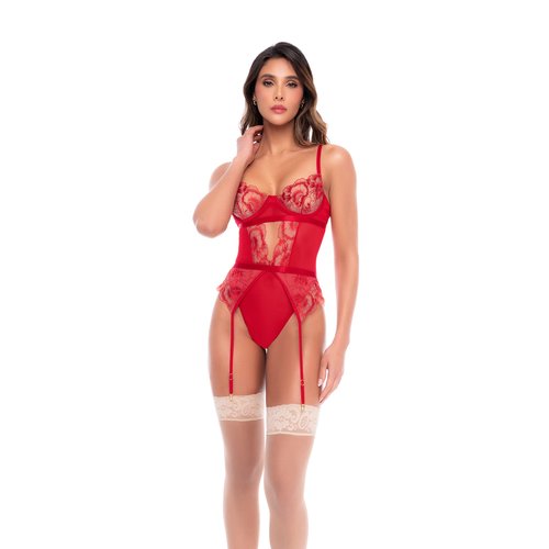 Sheer embroidered lace teddy with underwire cups, adjustable straps, and attached garters