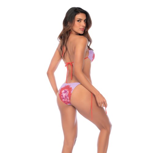 Two-piece swimsuit featuring a ruched bandeau-style top with adjustable halter ties, paire