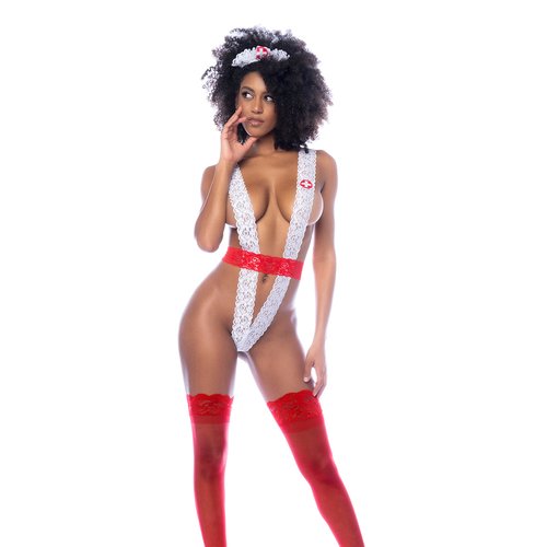 Sexy nurse costume. Provocative high-cut lace bodysuit, contrast belt and head p