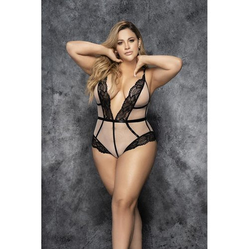 A sophisticated and sexy option. Bodysuit made of nude mesh and recycled-fiber lace, adjus
