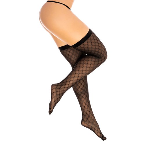 Diamond mesh thigh highs with elastic band on thigh.