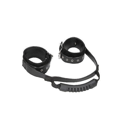 B&W BONDED LEATHER HAND CUFFS W/ HANDLE & ADJUSTABLE STRAPS - SHTOU662BLK